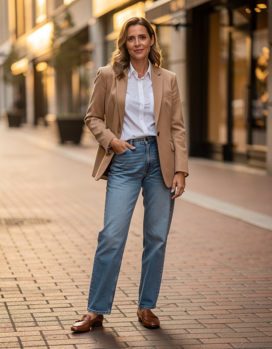 Photorealistic full-body editorial street-style photograph of one adult woman on a quiet brick pedestrian lane, wearing a camel blazer over a white shirt, relaxed straight-leg denim, and plain loafers, candid standing pose with one hand in a pocket, warm late-afternoon light, refined urban background, realistic anatomy, no readable text, no logo, no watermark.