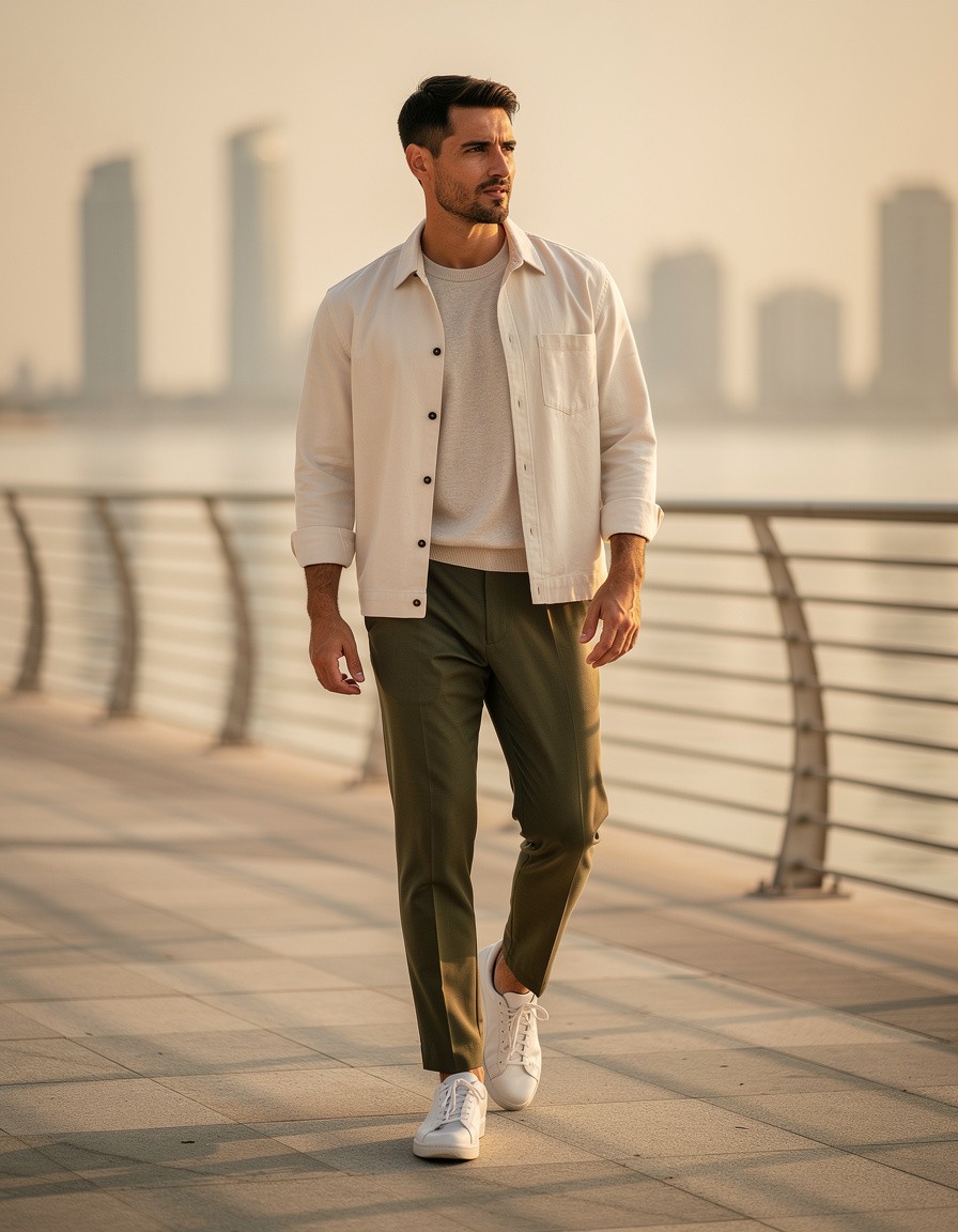 Photorealistic full-body editorial fashion photograph of one adult man in a cream overshirt, fine knit shirt, and olive tailored trousers on a quiet modern waterfront promenade in Dubai, soft sunrise light, relaxed candid pose, subtle skyline kept out of focus, realistic anatomy, no readable text, no logo, no watermark.