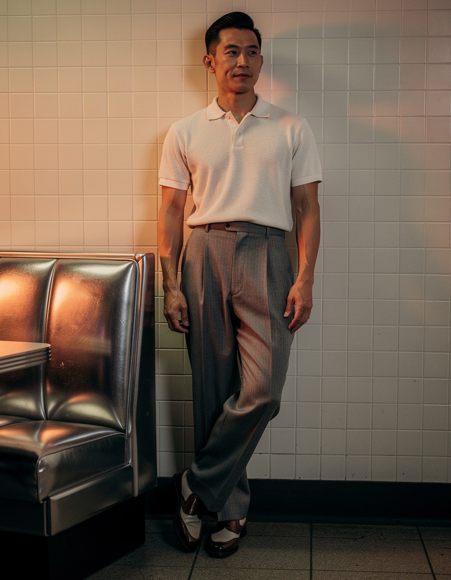 Full-length editorial photograph of one adult East Asian man wearing pleated trousers, a short-sleeve knit polo, and two-tone shoes, standing beside a chrome diner booth against a plain tiled wall, rich evening lighting, authentic 1950s fashion, realistic anatomy and hands, no jukebox, signs, menus, labels, letters, numbers, or logos.