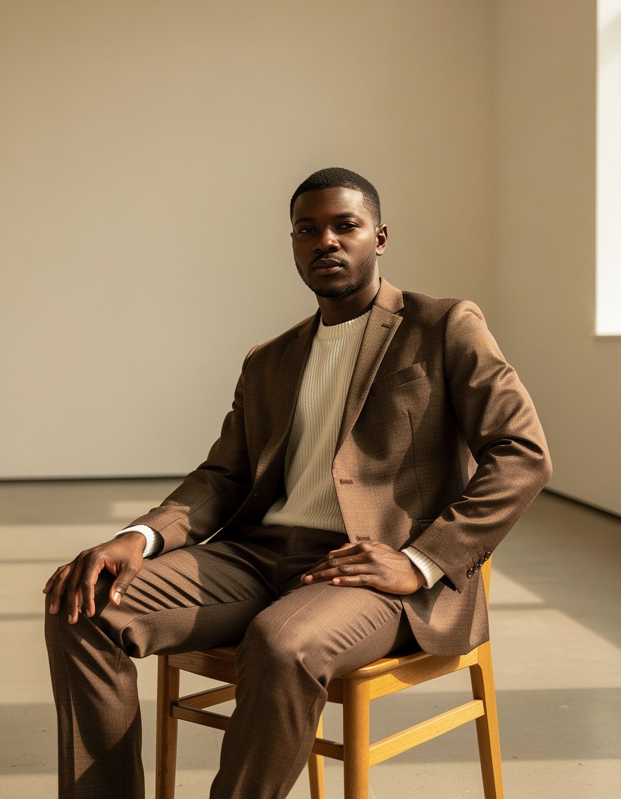 Seated editorial fashion photograph of one adult Black male model in a textured chocolate-brown suit and cream fine-gauge knit shirt, sitting on a simple wooden chair in an uncluttered art-gallery room, relaxed natural posture, realistic hands and skin, clear suit fit and fabric detail, warm window light, blank walls without art or labels, no logos, lettering, signs, or watermark