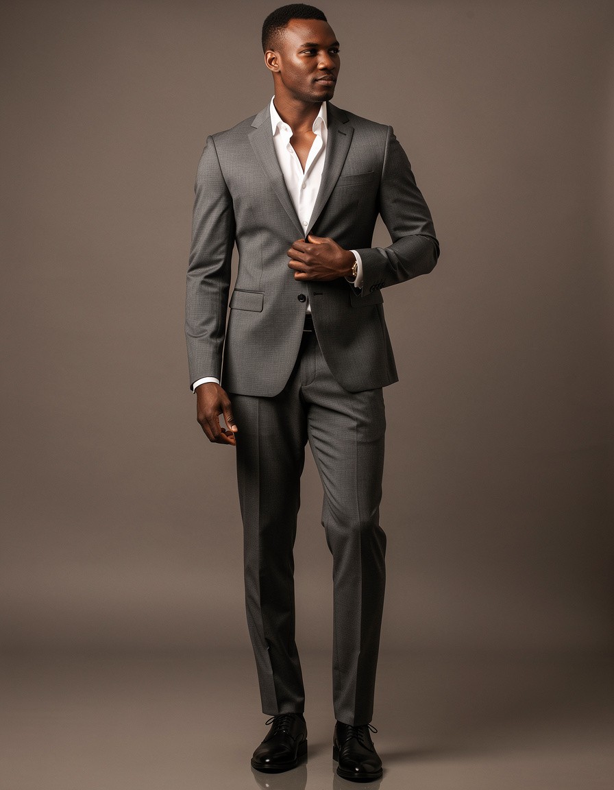 Full-length editorial fashion photograph of one adult Black male model in a precise charcoal two-piece suit and white open-collar shirt, standing naturally in a plain warm-gray studio, one hand resting at his side and the other lightly adjusting his jacket, realistic dark skin texture, complete shoes in frame, accurate fingers and tailoring, soft directional light, no logos, lettering, signs, or watermark