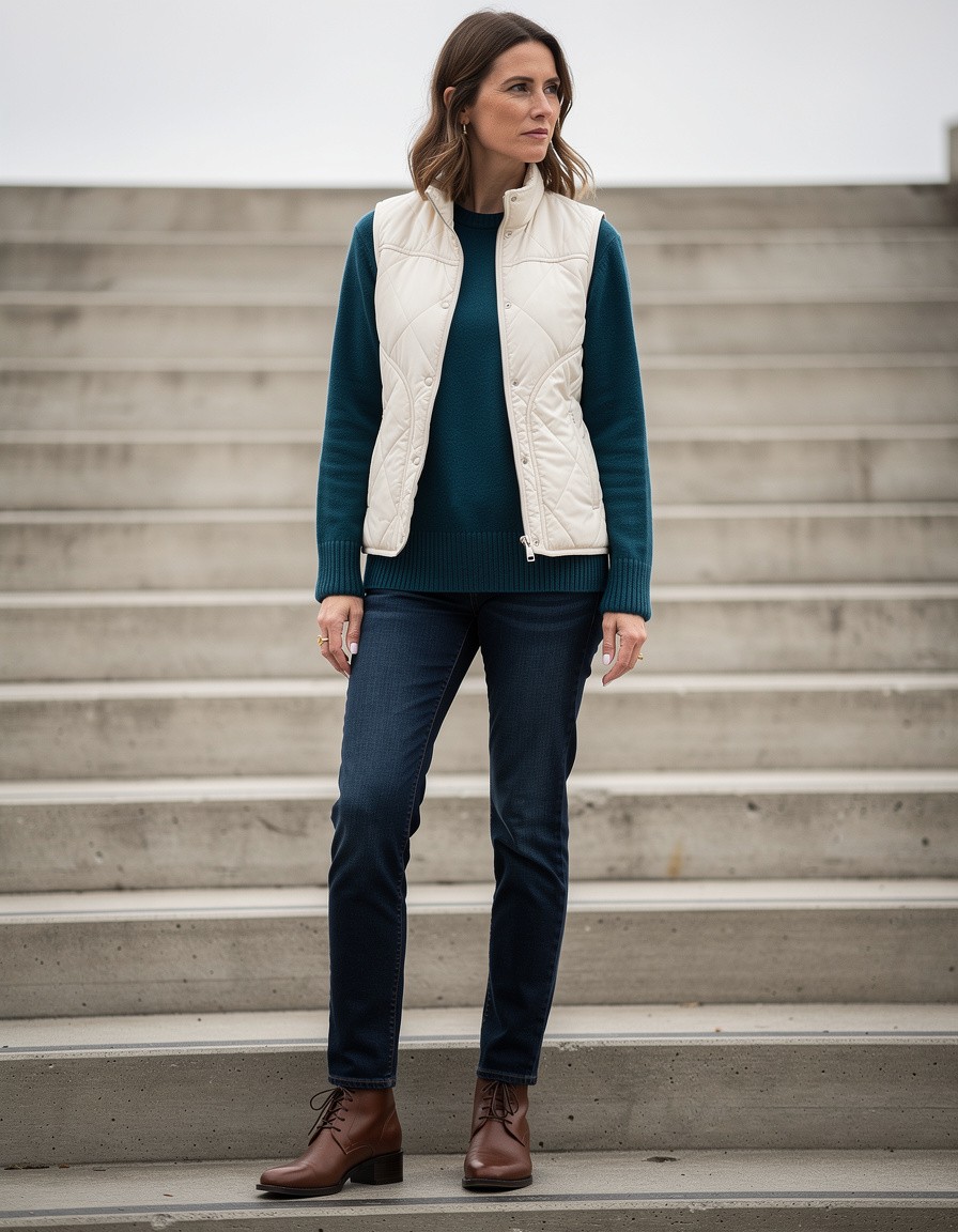 Photorealistic full-body street style fashion photograph of one adult woman at the base of broad plain exterior steps. She wears an ivory quilted vest over a deep teal sweater, dark straight-leg jeans, and simple brown lace-up boots. Capture a candid pause before climbing, open hands, overcast daylight, and a simple architectural background. Show every clothing layer and both boots without cropping. No signs, letters, numbers, labels, logos, or watermarks.