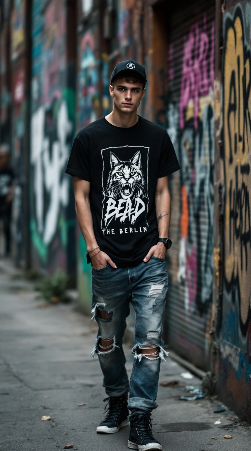 An edgy model in Berlin, wearing distressed jeans and a graphic t-shirt, standing next to graffiti-covered walls with street art all around.
