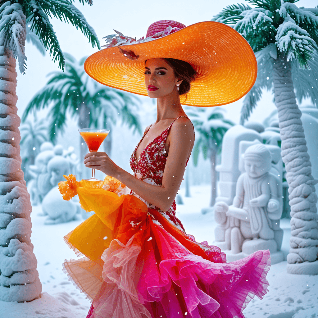 Elegant woman in a large, colorful summer hat and sleeveless cocktail dress standing in a blizzard, wind blowing her dress, holding a tropical cocktail, surrounded by snow-covered pine trees, ice sculptures of palm trees nearby, (avant-garde fashion)
