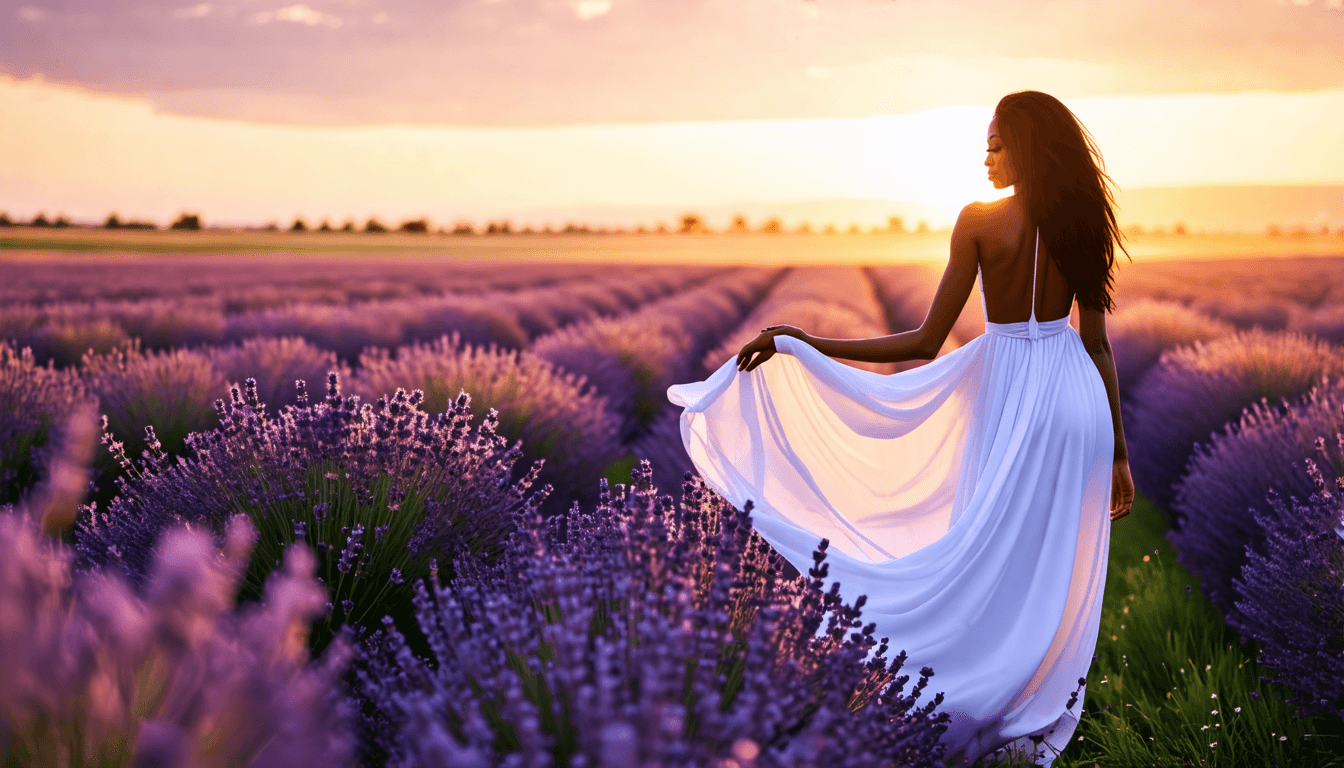 A woman with dark skin in a flowing white dress standing in a field of lavender at sunset, dreamy atmosphere, soft lighting