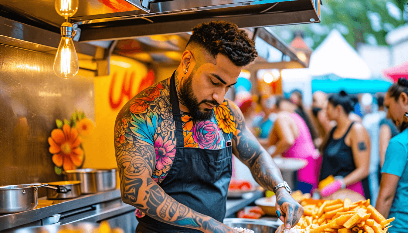 A chef with colorful tattoos cooking in a vibrant food truck, surrounded by a diverse group of customers