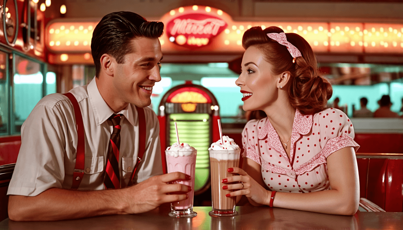 A romantic couple in 1940s attire sharing a milkshake at a retro diner, jukebox in the background
