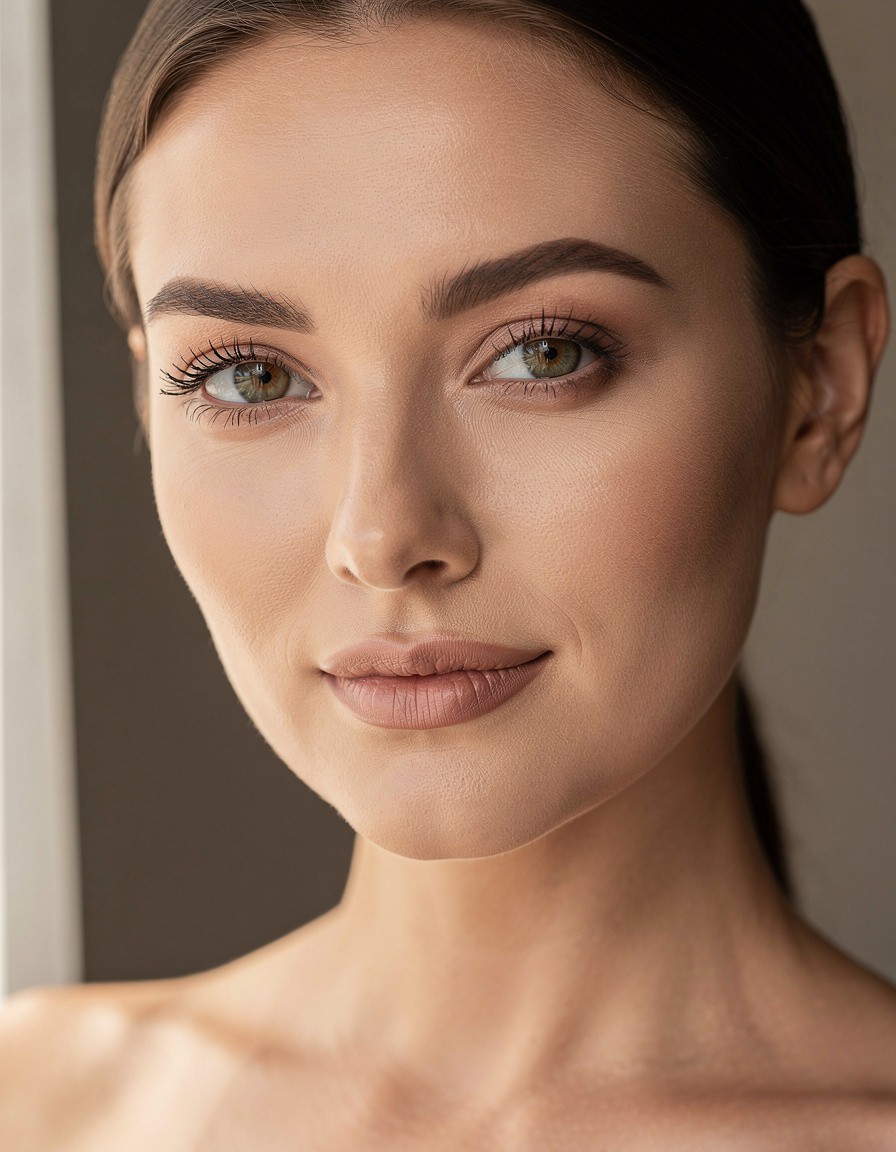 Studio beauty portrait of an adult woman with a subtle no-makeup makeup look, soft window lighting, realistic skin texture, neutral background, polished commercial photography
