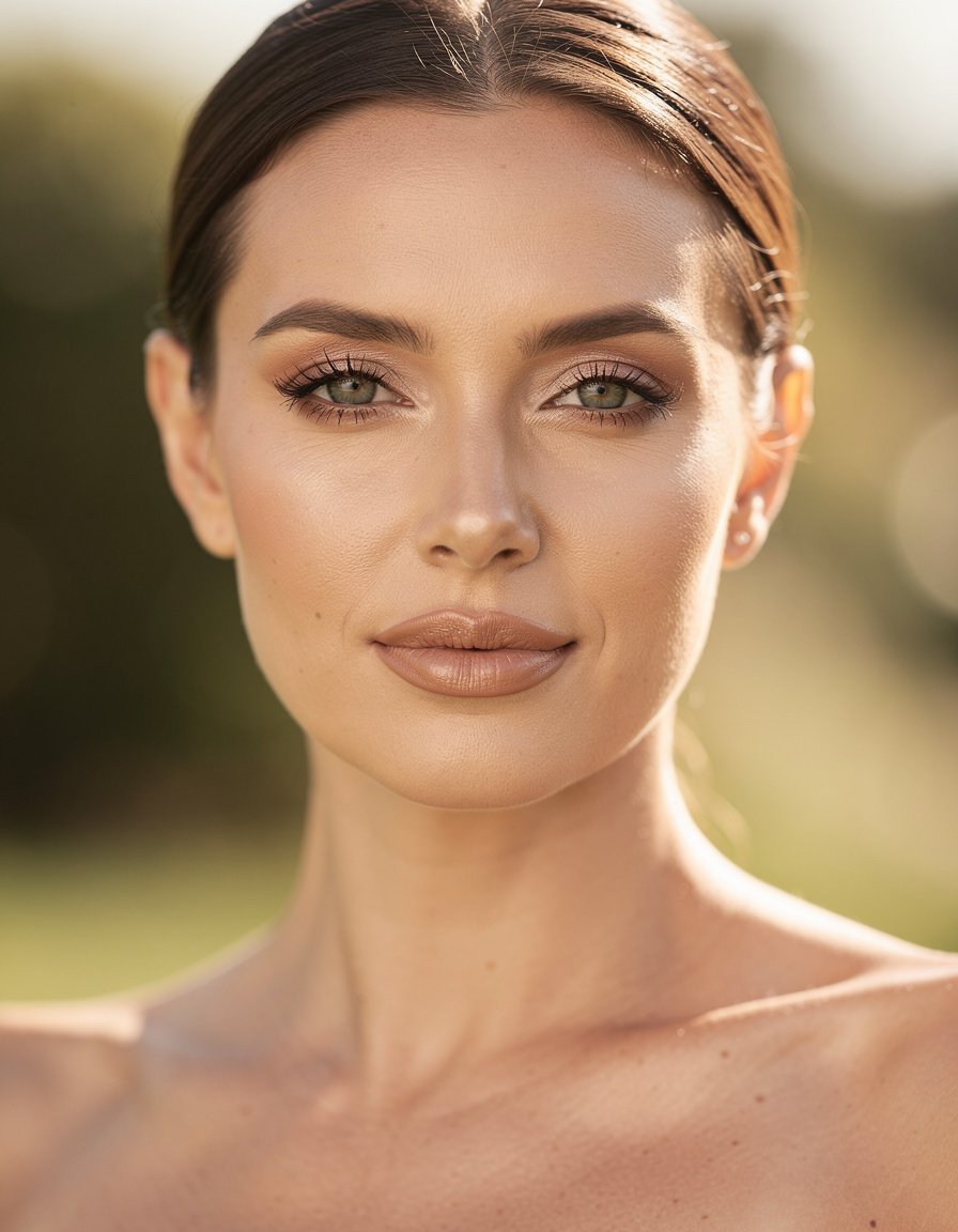 Daylight beauty portrait of an adult woman wearing luminous natural makeup with softly defined lashes and a warm neutral lip, realistic pores, gentle outdoor light