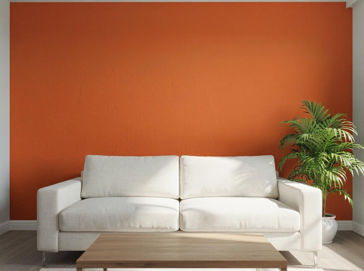 Change only the painted feature wall color from cool gray to soft terracotta. Preserve the exact wall boundaries, surface texture, cream sofa, wooden coffee table, green plant, decor, camera angle, framing, natural daylight, reflections, and shadows. Do not change furniture or add or remove anything. No text.