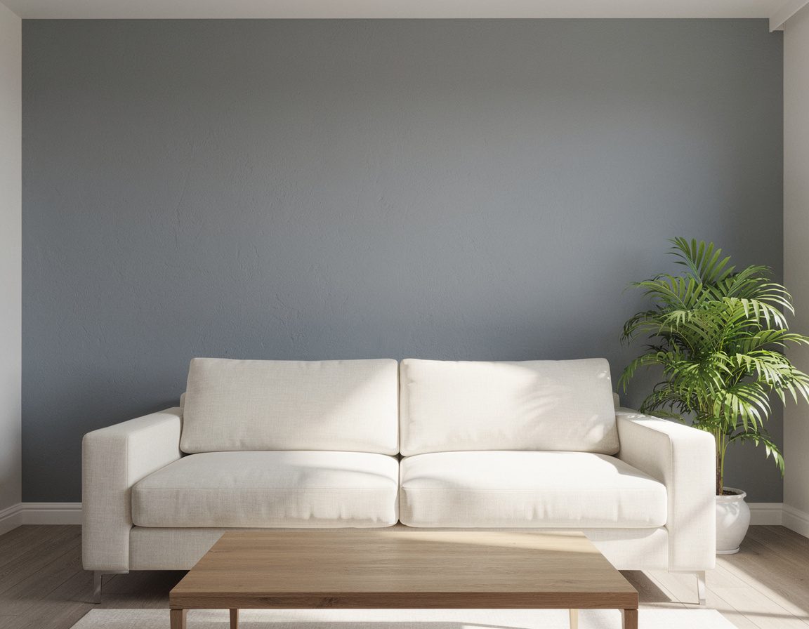 High-quality daylight interior photograph of a modern living room with one prominent cool-gray painted feature wall behind a cream sofa, wooden coffee table, and green plant, realistic wall texture and clean edges, balanced natural window light, no people, no text, no split screen