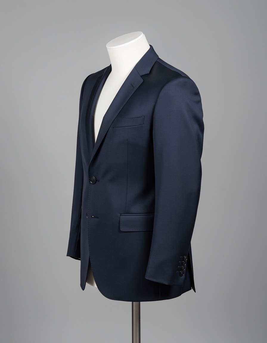 Clean studio fashion product photograph of a single tailored navy blue jacket on a matte torso mannequin, front three-quarter view, crisp lapels, visible fabric weave, natural folds and buttons, controlled neutral lighting, plain gray background, no person, no text, no split screen