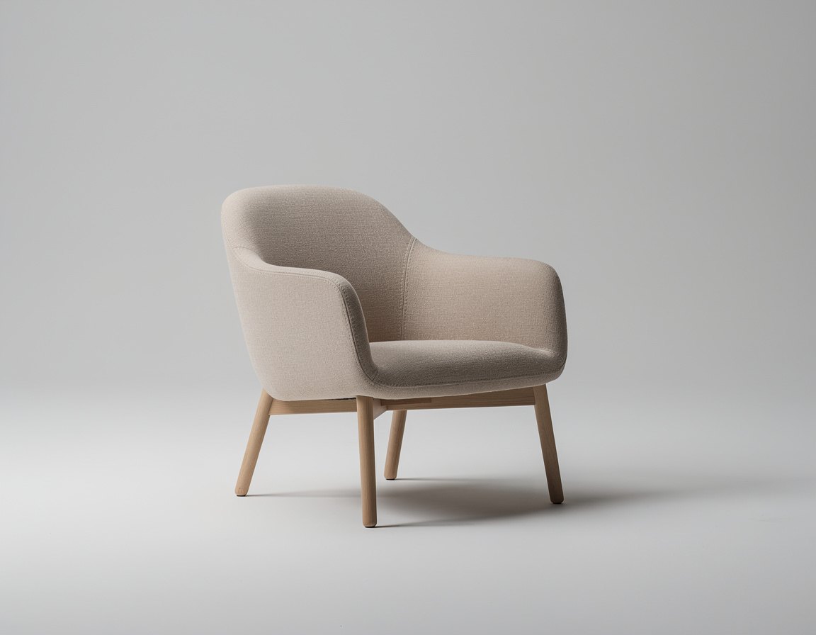 Clean commercial product photograph of a single minimalist armchair upholstered in muted beige fabric, three-quarter front view in a simple neutral studio, realistic textile weave, soft controlled lighting, natural shadows, centered composition, no text, no split screen, no comparison panel