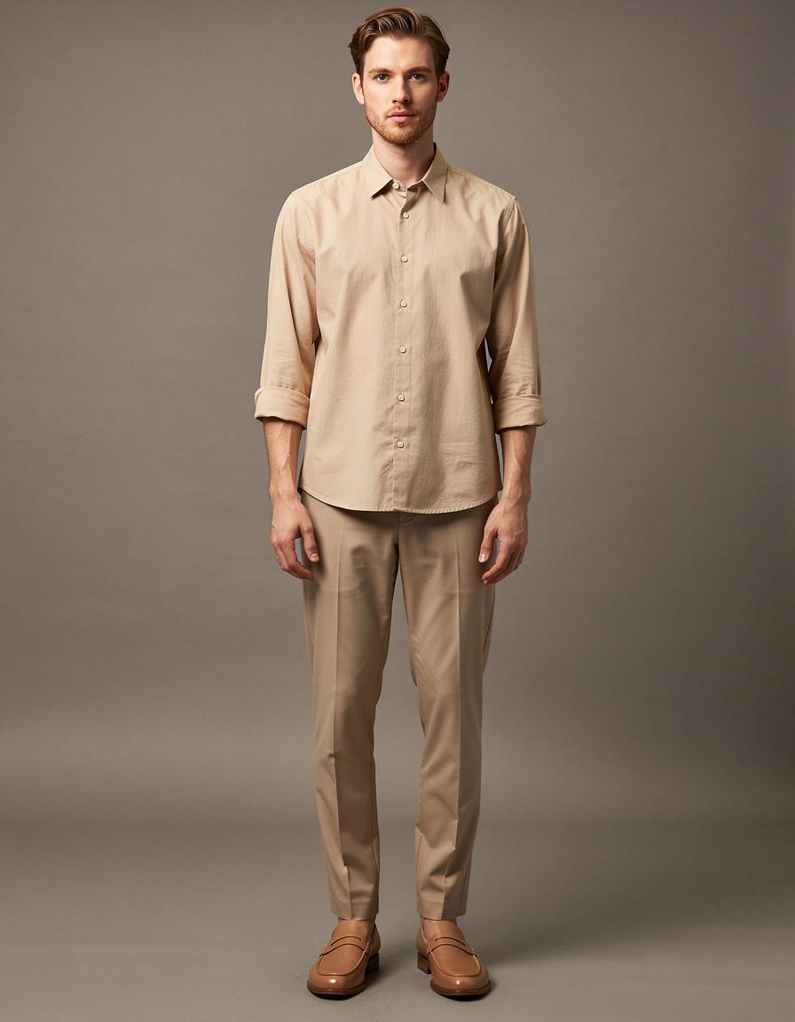 Vertical clean e-commerce fashion photograph of one adult male model, camera far enough away to include his entire head, face, hair, hands, legs, and both loafers fully inside the frame with comfortable margin above the hair and below the shoes. He wears a monochrome sand overshirt, relaxed tailored trousers, and minimal leather loafers against a seamless warm-gray studio backdrop. Neutral front-facing catalog pose, direct natural gaze, both hands relaxed and completely visible with anatomically correct fingers, accurate garment construction and body proportions, even soft studio lighting. No logos, no lettering, no symbols, no text, and no watermark. Do not crop any part of the head, face, hands, legs, or shoes.