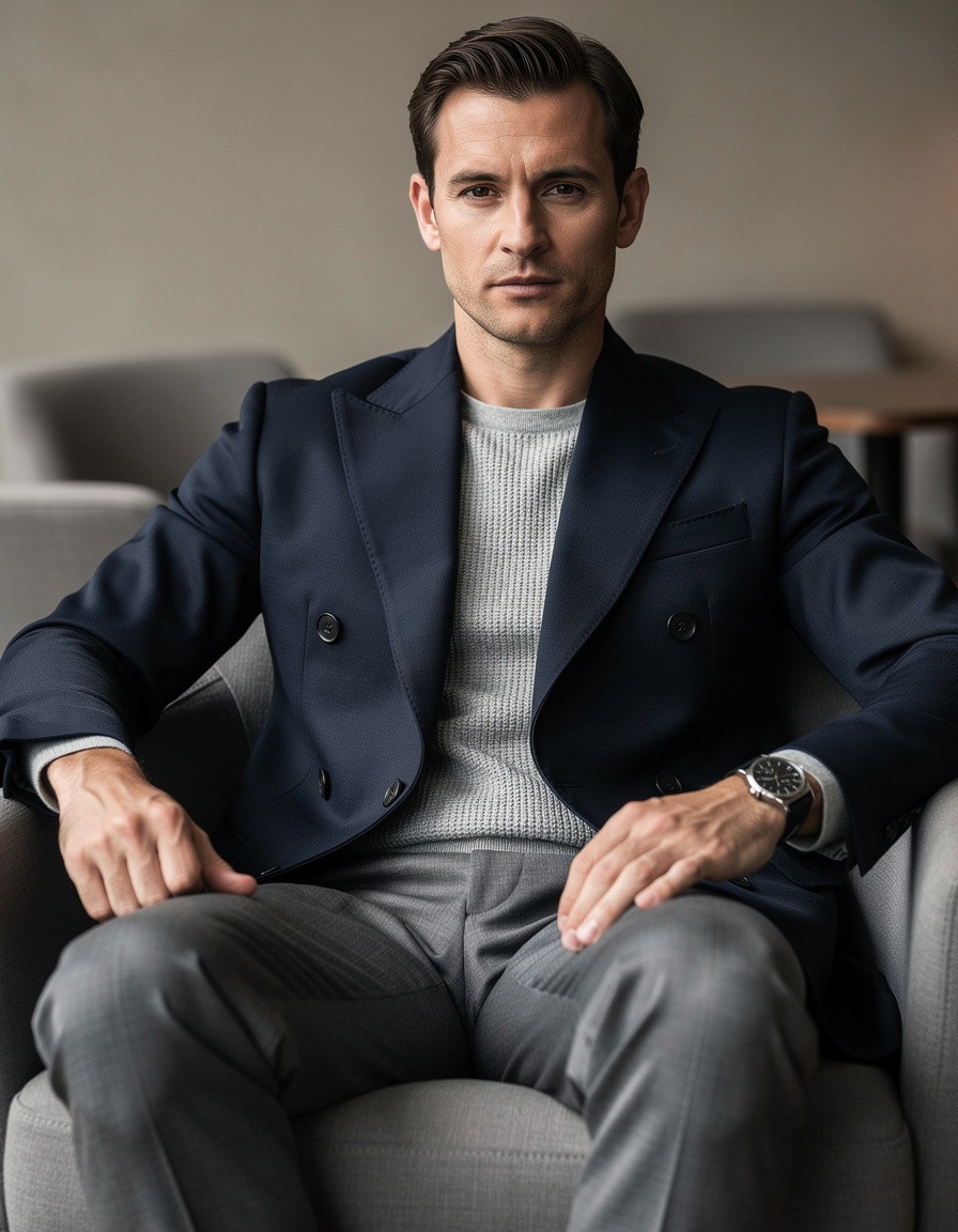 Editorial seated portrait of an adult male model in a deep navy double-breasted blazer, fine-gauge gray knitwear, tailored trousers, and a simple metal wristwatch, understated lounge setting, composed expression, realistic anatomy and materials, cinematic soft light, no logos, no text