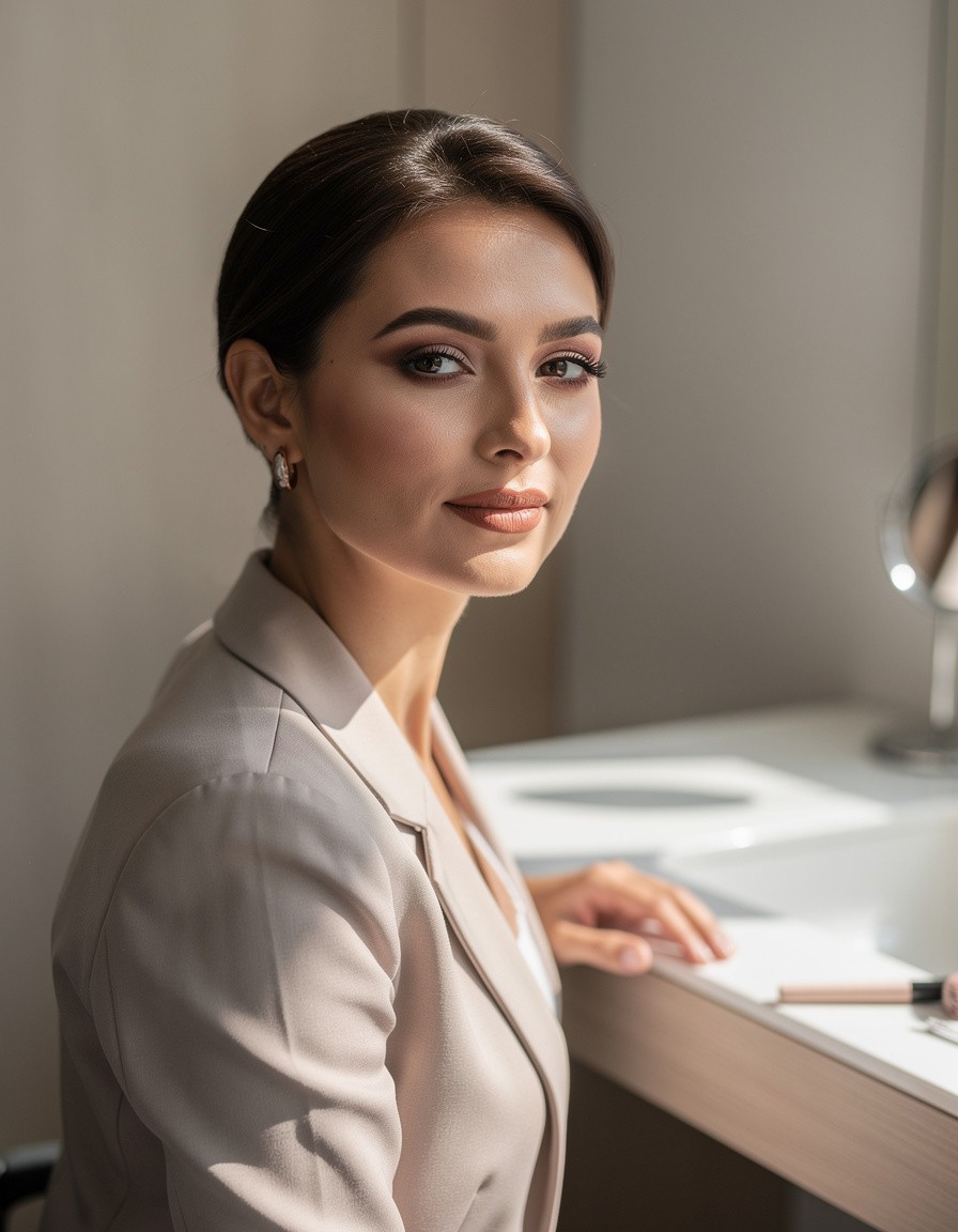 Polished workday beauty portrait of one adult woman with lightweight natural makeup, softly concealed under-eyes, taupe shadow, tidy brows, and gently curled lashes; medium crop at a sunlit modern vanity, professional neutral styling, realistic anatomy, no readable products, text, logos, or watermark.