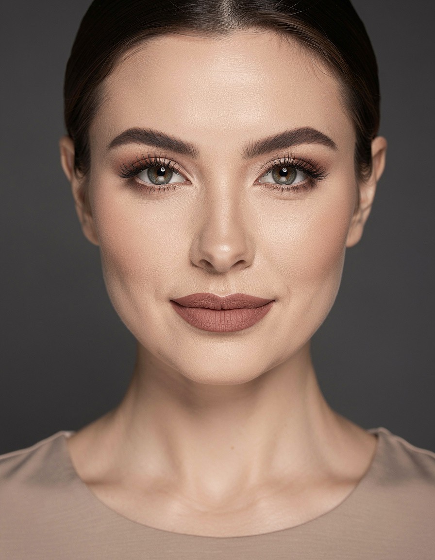 Straight-on studio headshot of one adult woman wearing minimal matte makeup, subtle brown eyeliner, separated brown-black lashes, and muted rose lips; balanced softbox lighting, charcoal-gray backdrop, crisp eye detail, realistic facial symmetry, shoulders visible, no jewelry text, logo, or watermark.