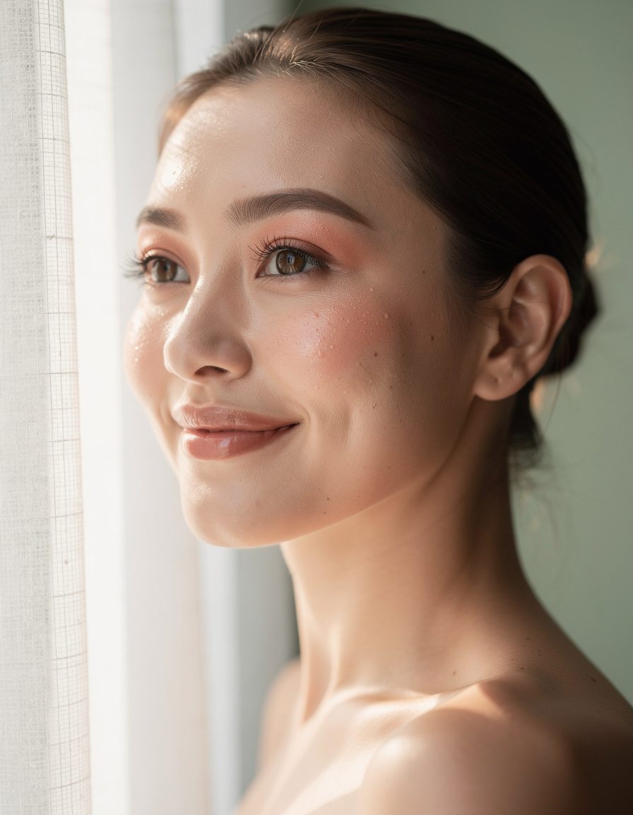 Three-quarter beauty portrait of one adult woman with dewy natural makeup, peach-toned cheeks, clear lip balm, and soft feathery lashes; bright morning daylight beside a white curtain, relaxed expression, realistic pores, pale sage background, no text, logo, watermark, or duplicated facial features.