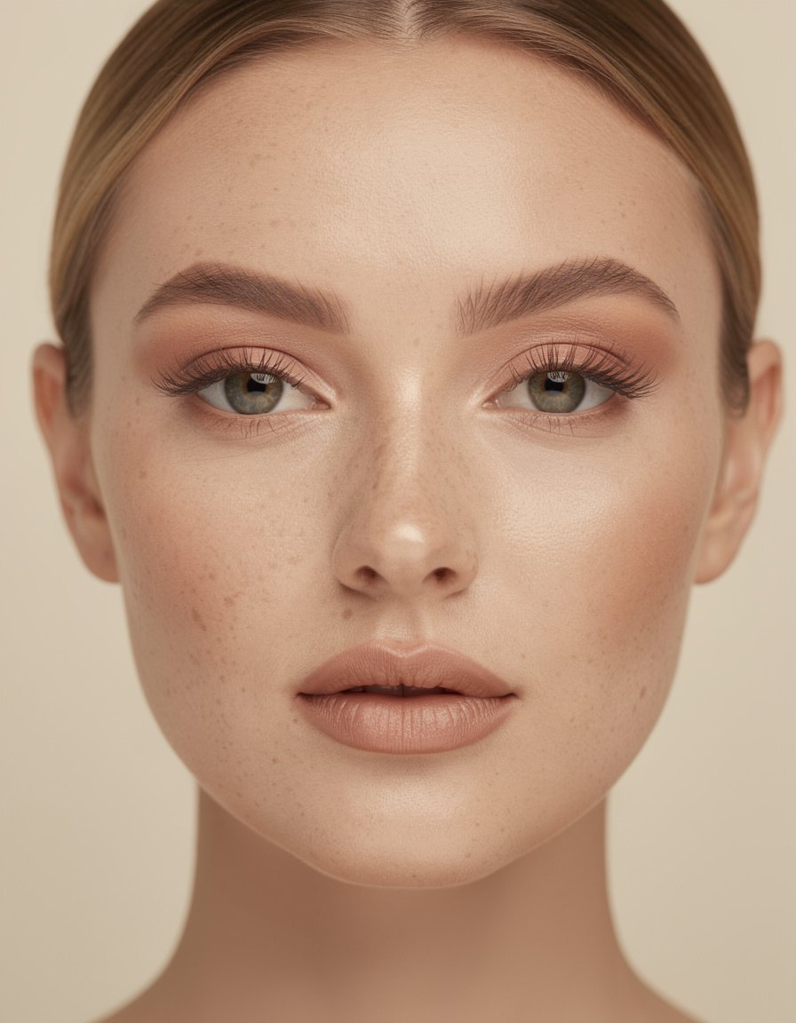 Close-up editorial beauty portrait of one adult woman wearing sheer neutral foundation, softly brushed brows, warm beige eyeshadow, and individually defined natural lashes; diffused window light, realistic skin texture, clean cream background, anatomically correct eyes and hands outside frame, no text, logo, or watermark.