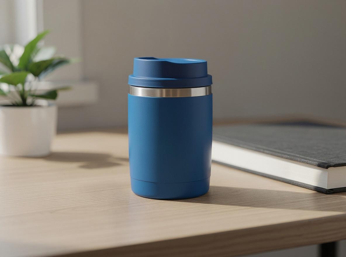 Replace only the white ceramic coffee mug with one tall matte cobalt-blue vacuum-insulated travel tumbler: straight cylindrical metal body, height about twice its width, no handle, visible stainless-steel rim, and a fitted plain blue sipping lid. Preserve the exact desk, camera angle, placement center, notebook, plant, lighting direction, shadows, reflections, crop, and every unselected object. The new object must clearly be a travel tumbler, not a mug or cup. No text, logos, or watermark.