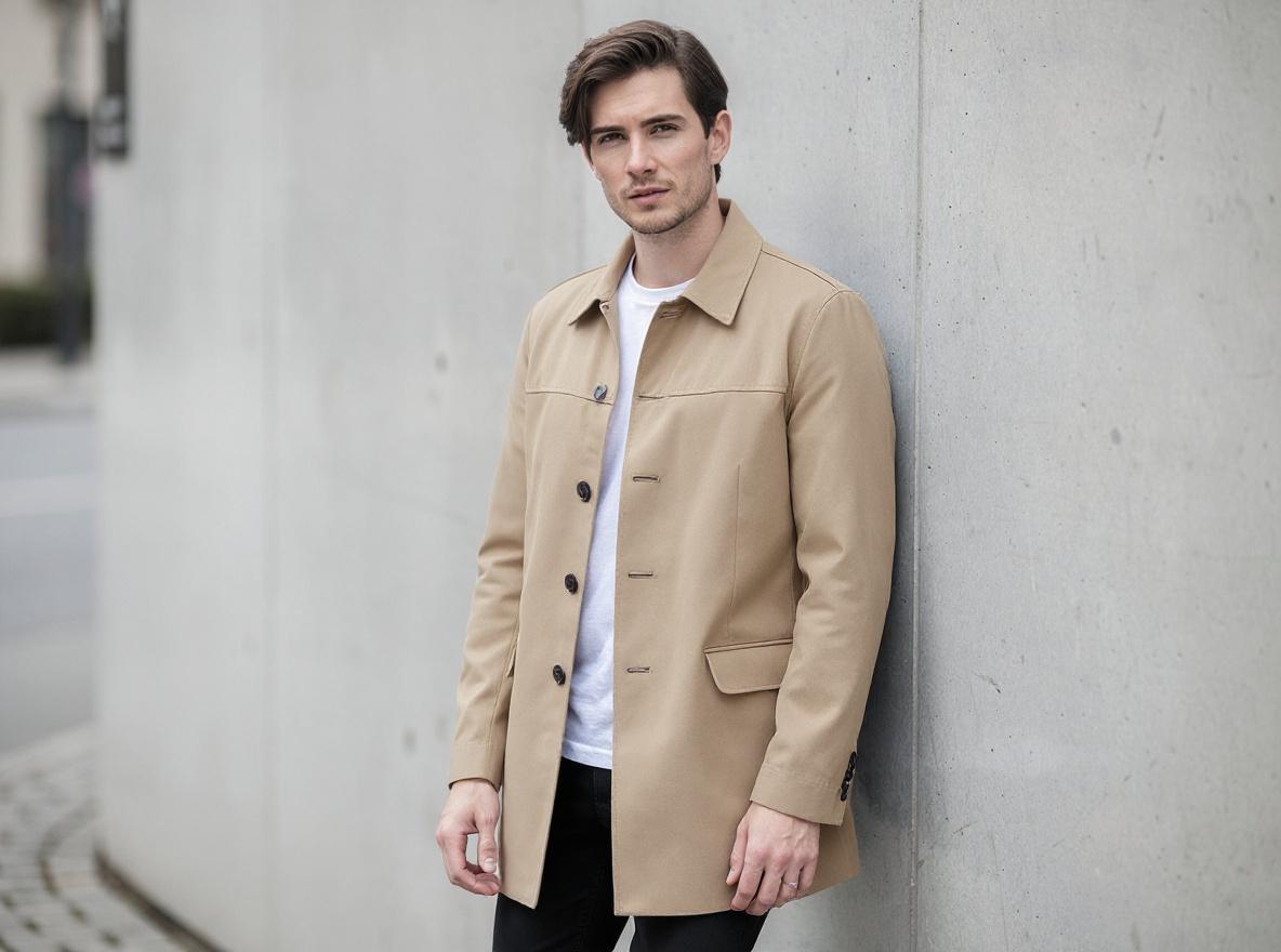 Replace only the adult model’s denim jacket with a tailored camel trench coat while preserving the exact person, identity, face, hair, body, pose, hands, shirt, trousers, concrete wall, camera angle, composition, lighting, shadows, and every unselected element; no text, logos, or watermark.