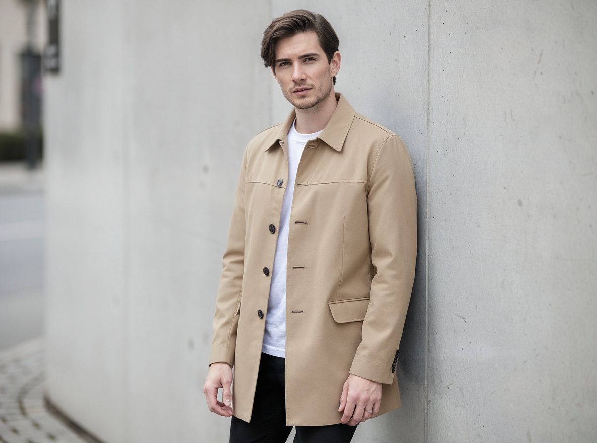 Replace only the adult model’s denim jacket with a tailored camel trench coat while preserving the exact person, identity, face, hair, body, pose, hands, shirt, trousers, concrete wall, camera angle, composition, lighting, shadows, and every unselected element; no text, logos, or watermark.