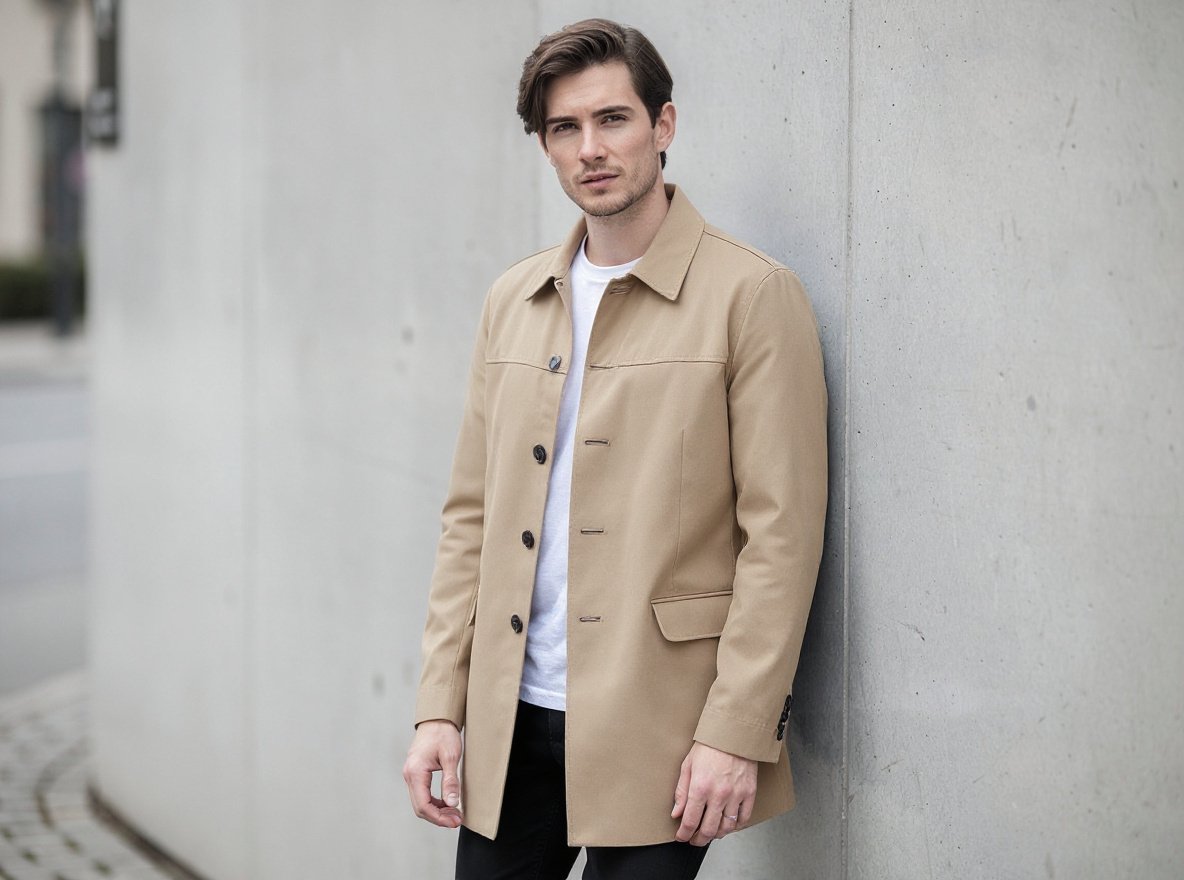 Replace only the adult model’s denim jacket with a tailored camel trench coat while preserving the exact person, identity, face, hair, body, pose, hands, shirt, trousers, concrete wall, camera angle, composition, lighting, shadows, and every unselected element; no text, logos, or watermark.