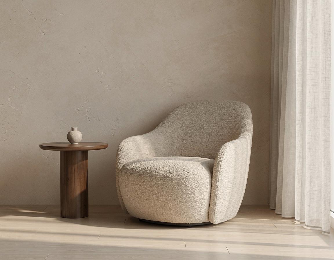 Landscape editorial interior photograph of a bright modern reading corner with one sculptural beige boucle armchair beside a walnut side table, pale plaster wall, linen curtain, soft morning daylight, realistic materials and shadows, clean floor, no people, no text, logos, or watermark.