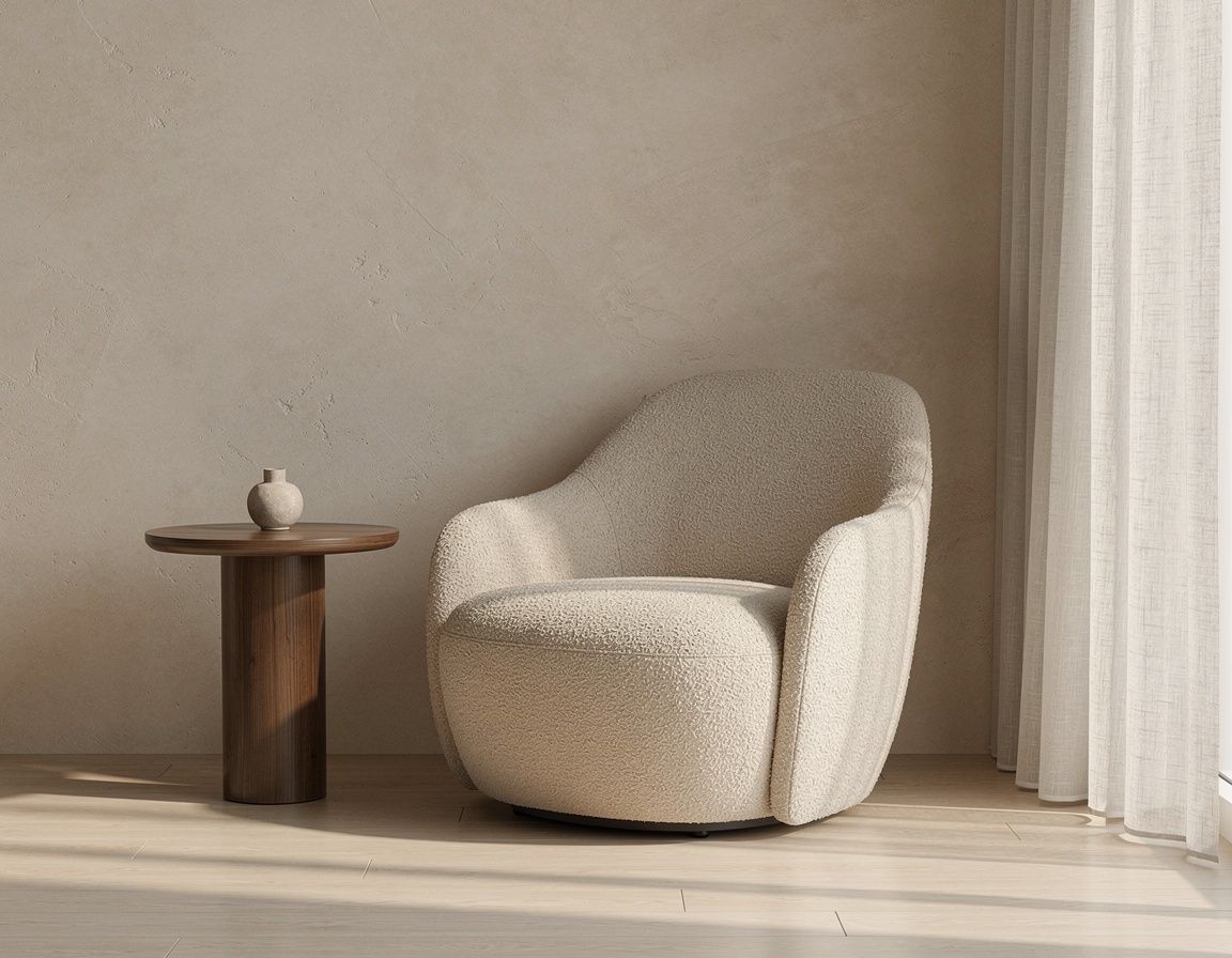 Landscape editorial interior photograph of a bright modern reading corner with one sculptural beige boucle armchair beside a walnut side table, pale plaster wall, linen curtain, soft morning daylight, realistic materials and shadows, clean floor, no people, no text, logos, or watermark.