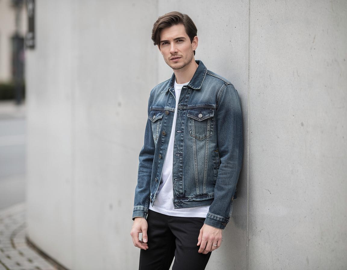 Landscape street-fashion photograph of one adult model wearing a medium-blue denim jacket over a plain white shirt and black trousers, standing beside a neutral concrete wall, waist-up composition, relaxed pose, realistic face and hands, soft overcast daylight, no text, logos, or watermark.
