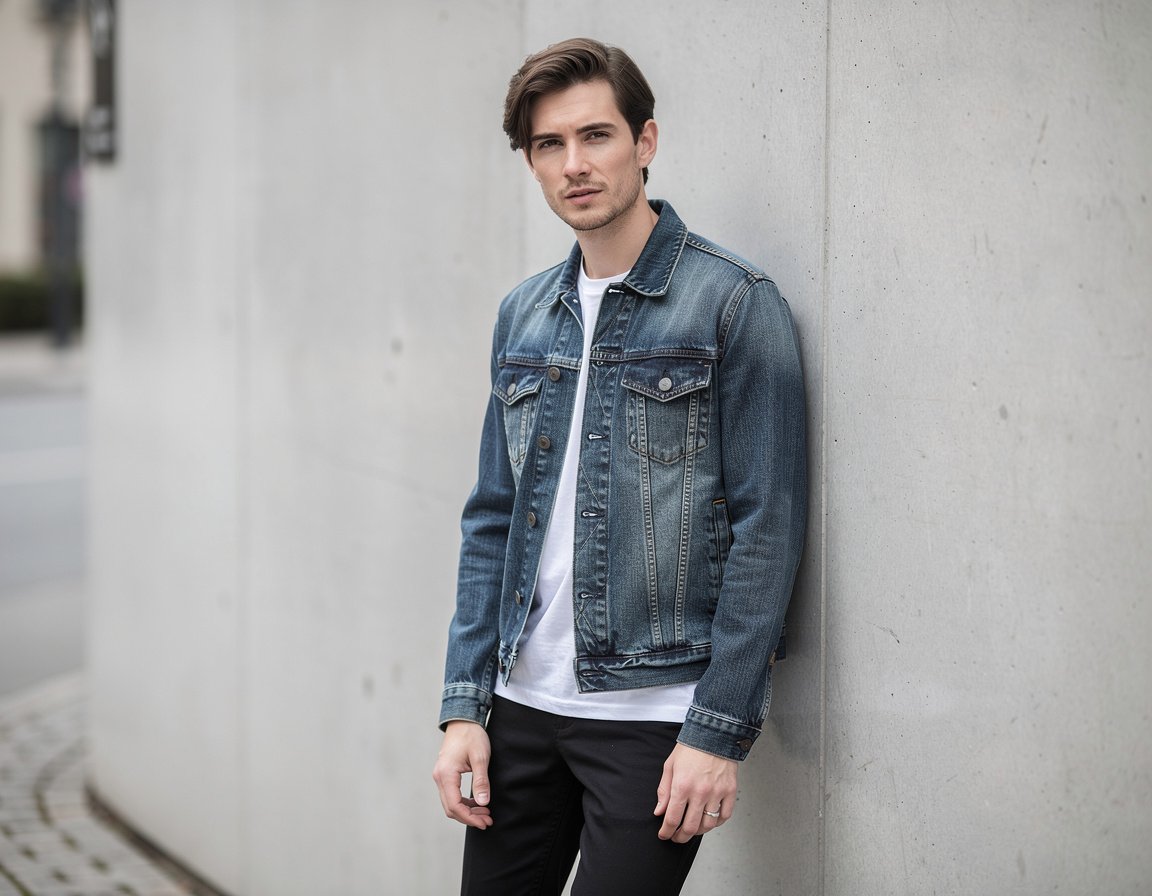 Landscape street-fashion photograph of one adult model wearing a medium-blue denim jacket over a plain white shirt and black trousers, standing beside a neutral concrete wall, waist-up composition, relaxed pose, realistic face and hands, soft overcast daylight, no text, logos, or watermark.