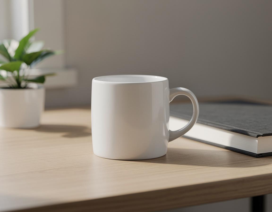 Landscape premium product photograph of one plain white ceramic coffee mug centered on a light oak desk beside a closed charcoal notebook and a small green plant, natural window light, crisp realistic reflections and shadows, no readable text, logos, hands, or watermark.