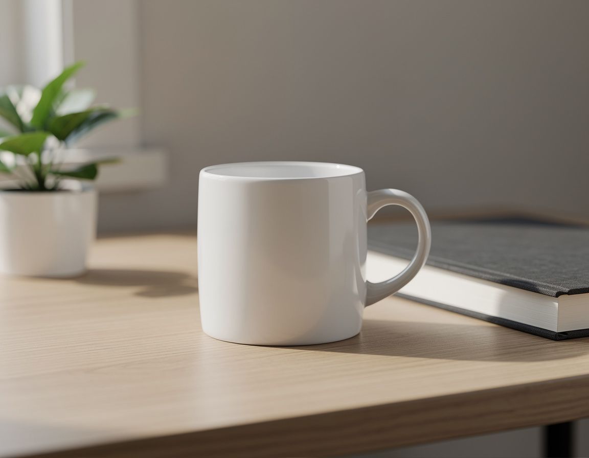 Landscape premium product photograph of one plain white ceramic coffee mug centered on a light oak desk beside a closed charcoal notebook and a small green plant, natural window light, crisp realistic reflections and shadows, no readable text, logos, hands, or watermark.