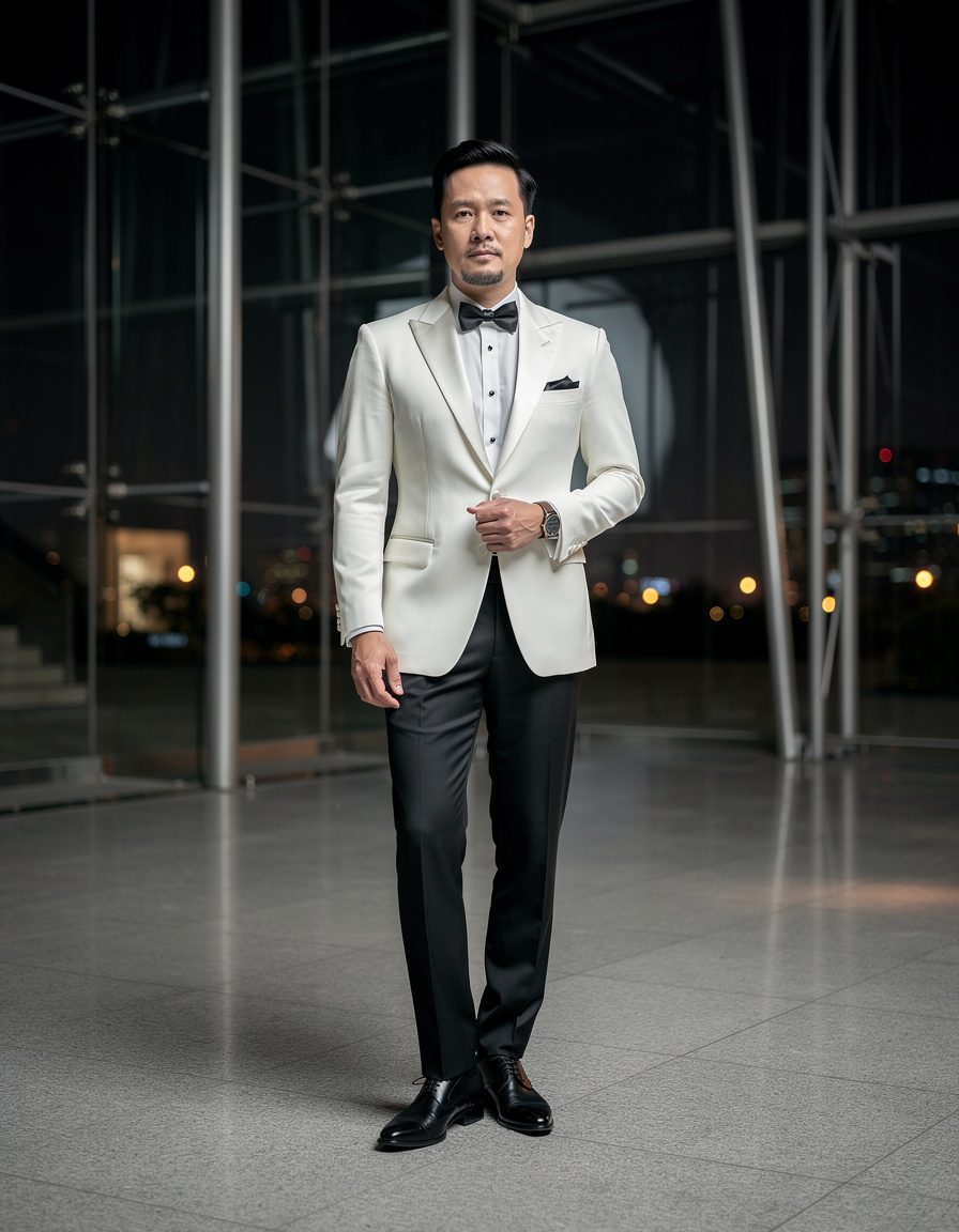 Full-length editorial eveningwear portrait of one adult East Asian man in an ivory dinner jacket, black tailored trousers, and a plain black bow tie, standing in a modern glass atrium at night, composed posture, realistic face and hands, clean architectural reflections, sophisticated flash photography, no logos, event branding, text, watermark, crowd, or celebrity likeness.