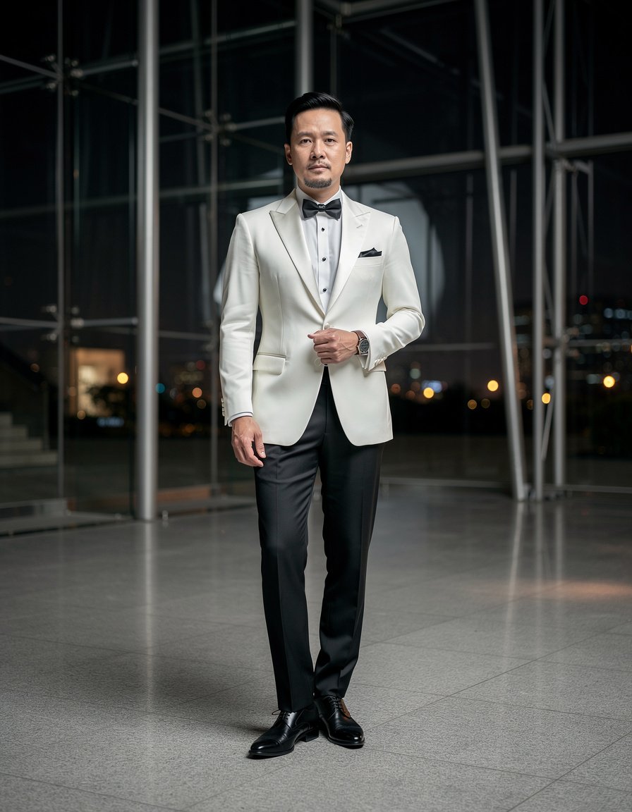 Full-length editorial eveningwear portrait of one adult East Asian man in an ivory dinner jacket, black tailored trousers, and a plain black bow tie, standing in a modern glass atrium at night, composed posture, realistic face and hands, clean architectural reflections, sophisticated flash photography, no logos, event branding, text, watermark, crowd, or celebrity likeness.