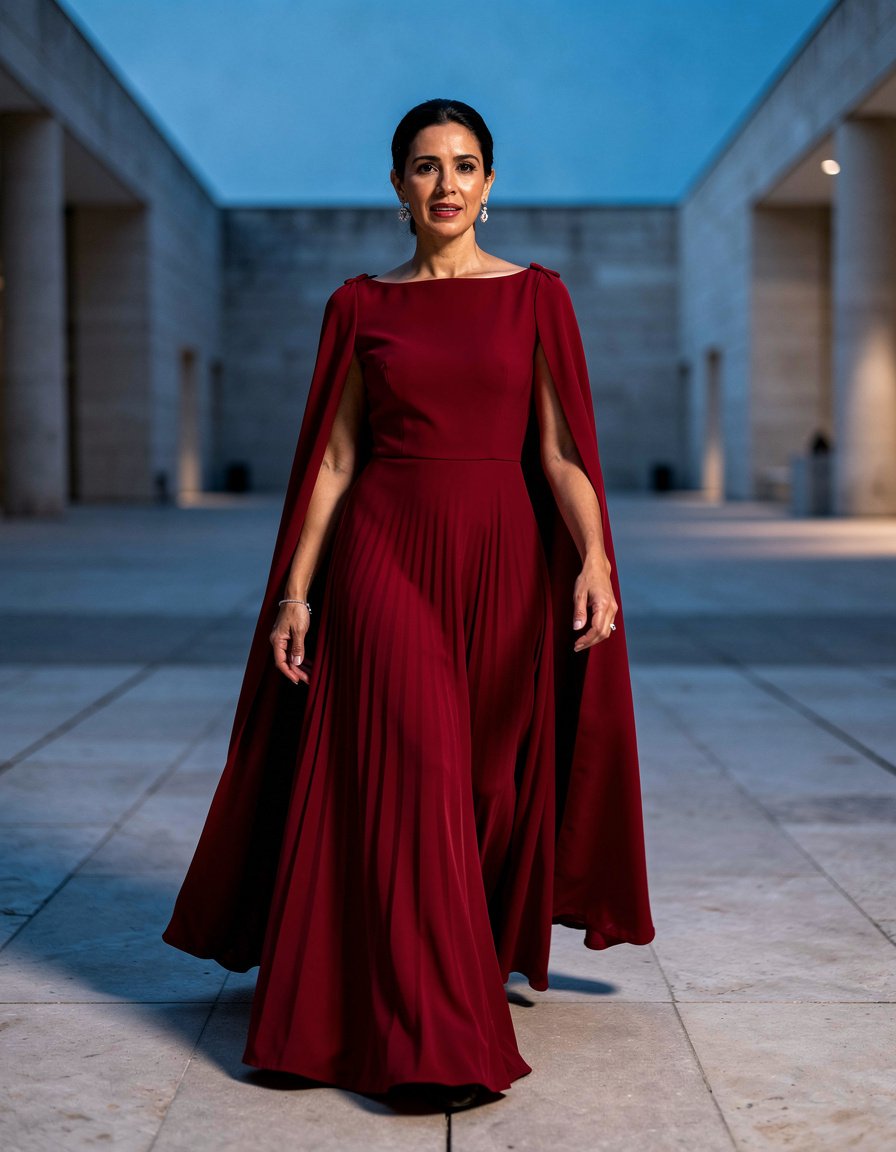 Full-length editorial gala-fashion portrait of one adult Latina woman wearing a one-piece floor-length ruby-red crepe A-line evening gown. The continuous skirt has no trouser legs, no jumpsuit shape, and no visible crotch seam. A structured cape attaches at both shoulders above a modest bateau neckline. She walks slowly across a clean museum courtyard at blue hour, with realistic face, two anatomically correct visible hands, and natural motion. Soft cinematic light, premium magazine composition, no logos, event branding, text, watermark, crowd, or celebrity likeness.
