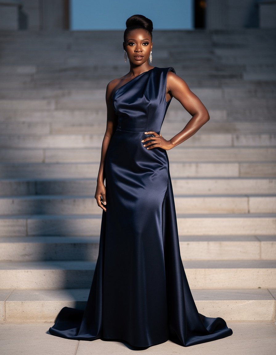 Full-length editorial gala-fashion portrait of one adult Black woman in a sculptural midnight-blue satin gown with an asymmetrical shoulder and modest neckline, standing on broad pale stone steps at dusk, elegant confident pose, realistic face and hands, refined cinematic lighting, premium fashion photography, no logos, event branding, text, watermark, crowd, or celebrity likeness.