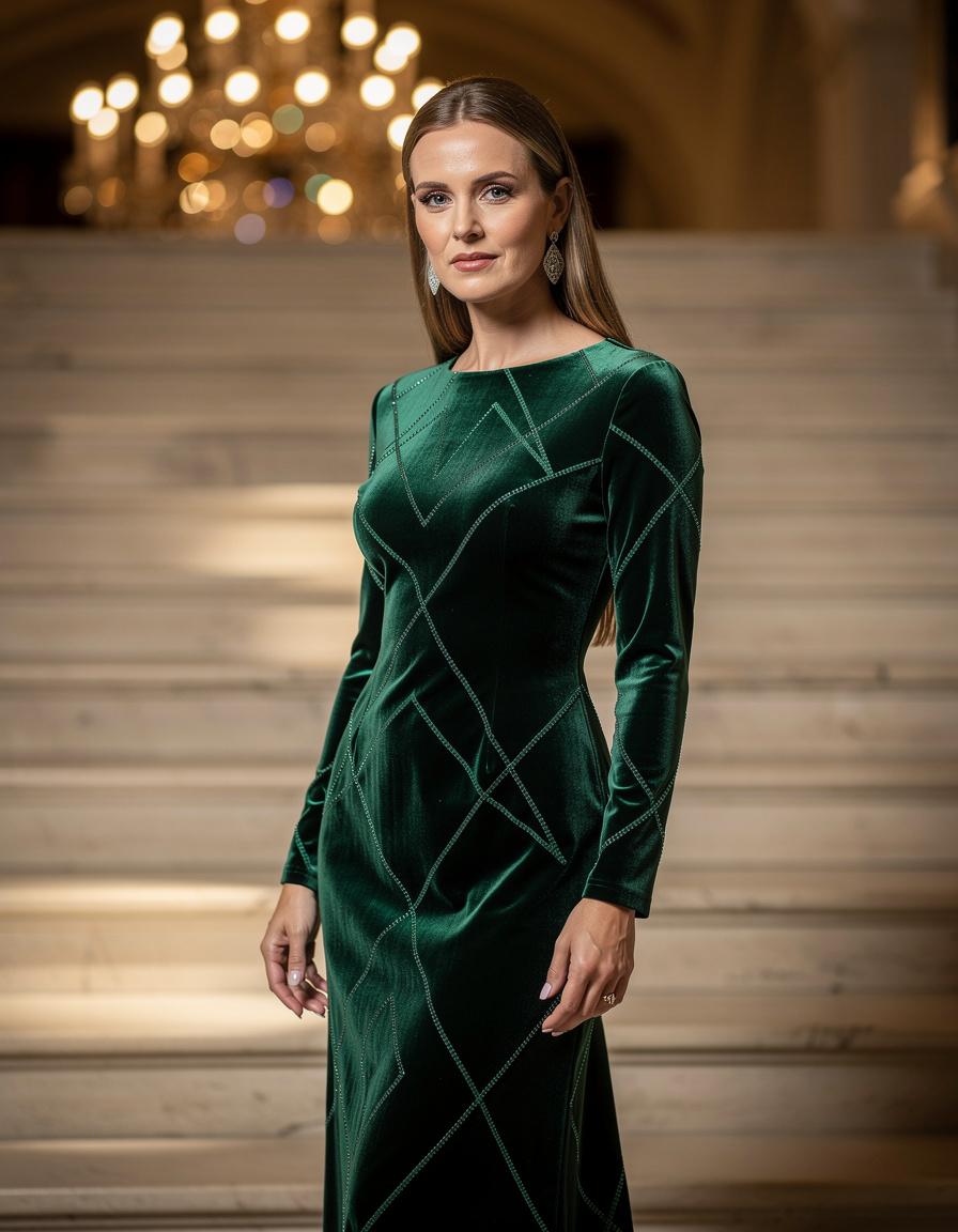Three-quarter editorial gala-fashion portrait of one adult white woman in a deep emerald velvet column gown with long sleeves and subtle geometric beadwork, beside a grand neutral staircase, poised natural stance, realistic anatomy and hands, warm chandelier bokeh, luxurious magazine lighting, no logos, event branding, text, watermark, crowd, or celebrity likeness.