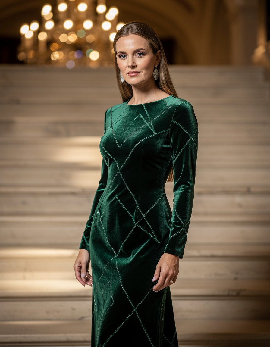 Three-quarter editorial gala-fashion portrait of one adult white woman in a deep emerald velvet column gown with long sleeves and subtle geometric beadwork, beside a grand neutral staircase, poised natural stance, realistic anatomy and hands, warm chandelier bokeh, luxurious magazine lighting, no logos, event branding, text, watermark, crowd, or celebrity likeness.