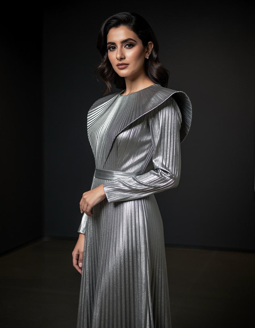 Three-quarter editorial gala-fashion portrait of one adult Middle Eastern woman in a metallic silver pleated evening gown with long sleeves and an architectural collar, standing in a minimalist dark gallery, dignified pose, realistic face and hands, controlled rim lighting, polished fashion editorial style, no headwear, logos, event branding, text, watermark, crowd, or celebrity likeness.