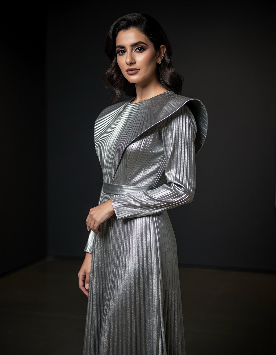Three-quarter editorial gala-fashion portrait of one adult Middle Eastern woman in a metallic silver pleated evening gown with long sleeves and an architectural collar, standing in a minimalist dark gallery, dignified pose, realistic face and hands, controlled rim lighting, polished fashion editorial style, no headwear, logos, event branding, text, watermark, crowd, or celebrity likeness.