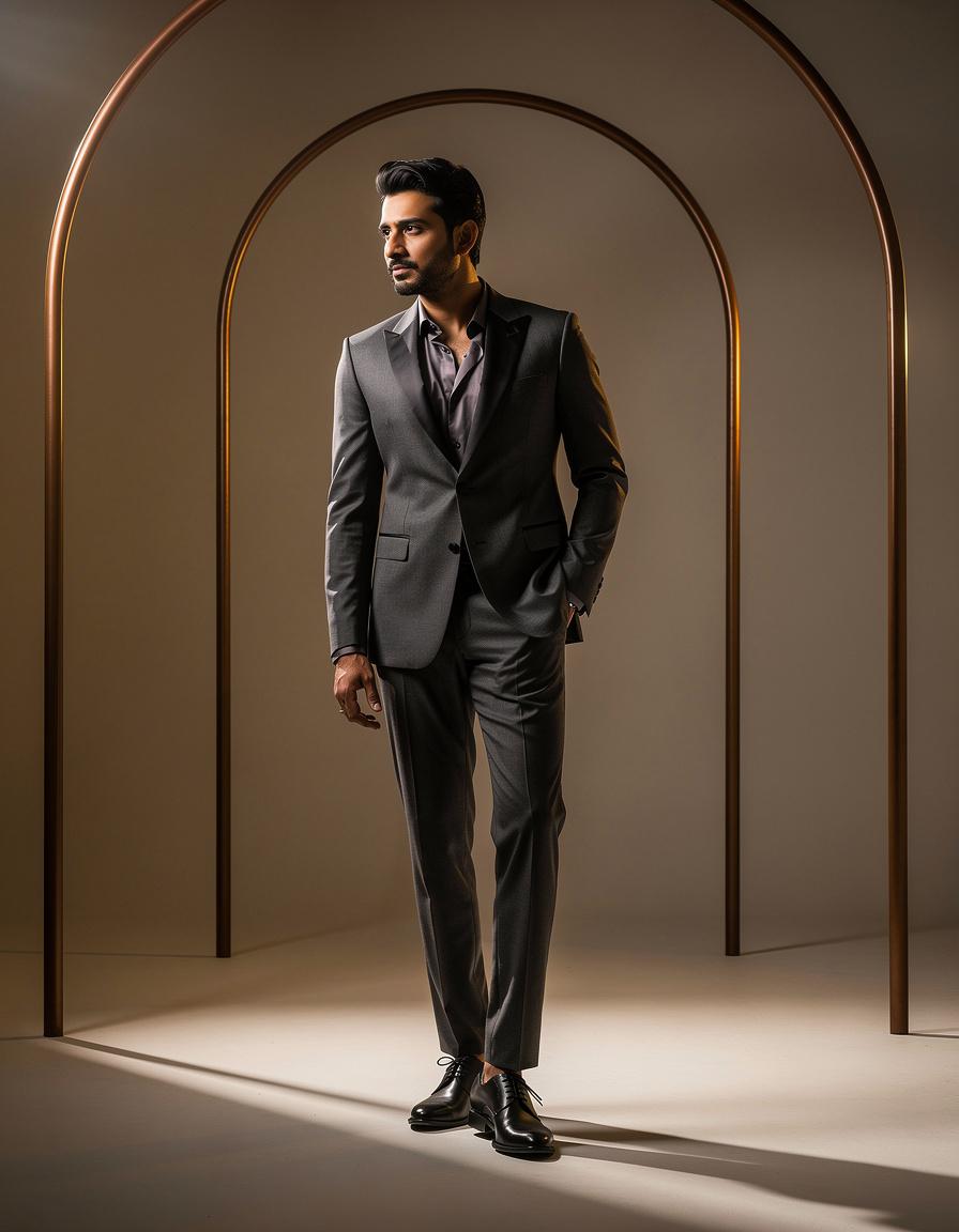 Full-length editorial formalwear portrait of one adult South Asian man in a contemporary charcoal tuxedo with a tonal silk shirt and polished black shoes, standing beneath minimal bronze arches, relaxed elegant pose, realistic face and hands, dramatic side lighting, high-end fashion photography, no logos, event branding, text, watermark, crowd, or celebrity likeness.