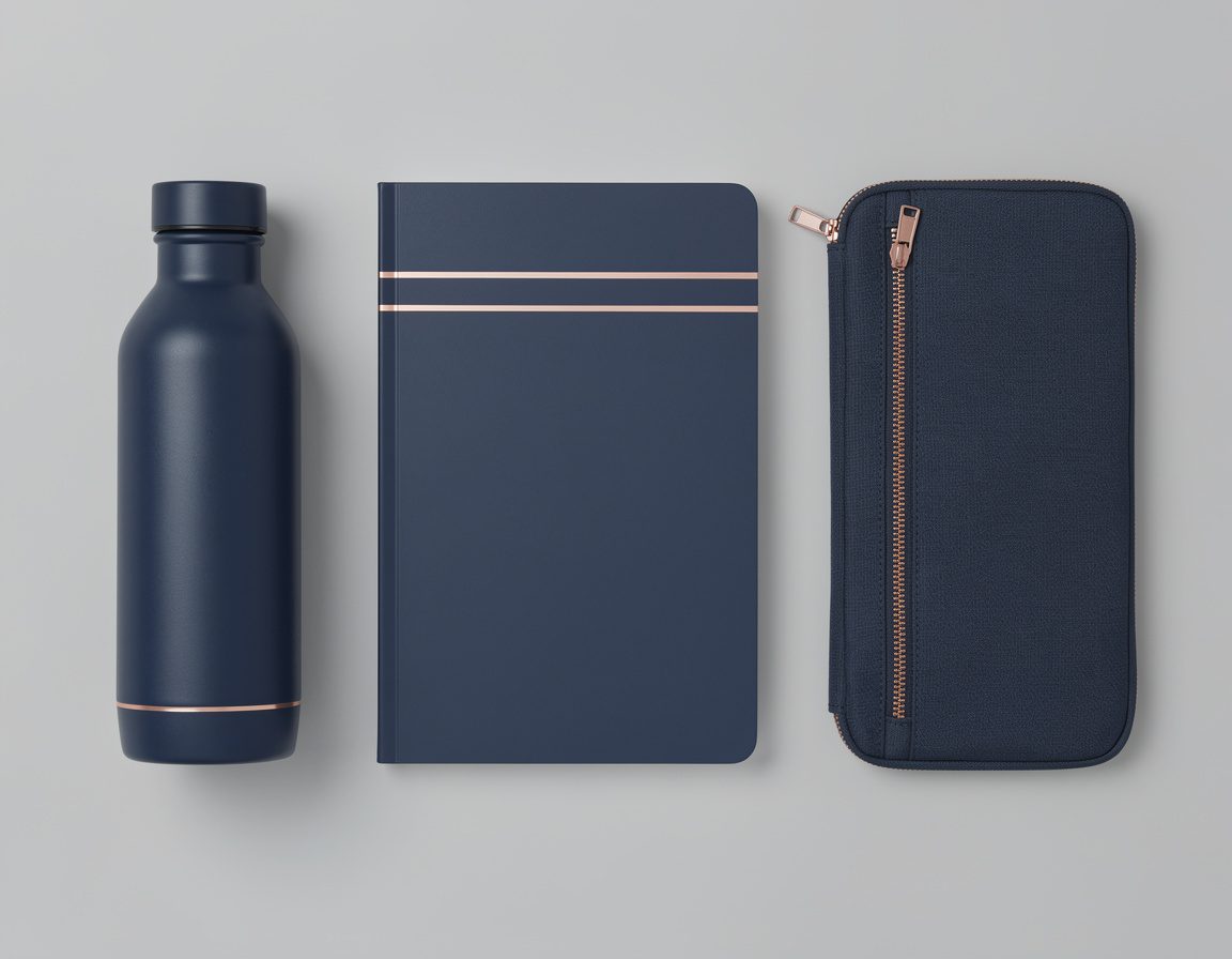 Photorealistic overhead campaign photograph of one unbranded reusable bottle, one notebook, and one zip pouch arranged as a coordinated set, consistent midnight-blue surfaces with thin copper accent lines, precise object geometry, soft studio lighting, light gray background, blank surfaces, no text, no logo, no watermark, no hands.