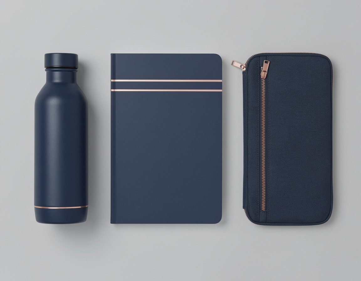 Photorealistic overhead campaign photograph of one unbranded reusable bottle, one notebook, and one zip pouch arranged as a coordinated set, consistent midnight-blue surfaces with thin copper accent lines, precise object geometry, soft studio lighting, light gray background, blank surfaces, no text, no logo, no watermark, no hands.