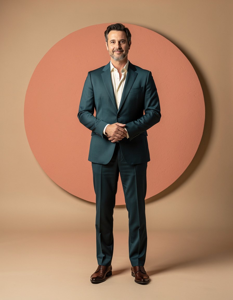 Photorealistic full-body editorial portrait of one adult brand spokesperson in a tailored deep-teal suit and cream shirt, centered against a warm beige studio backdrop with one coral circle prop, soft directional light, realistic anatomy and skin texture, clean composition, no text, no logo, no watermark.