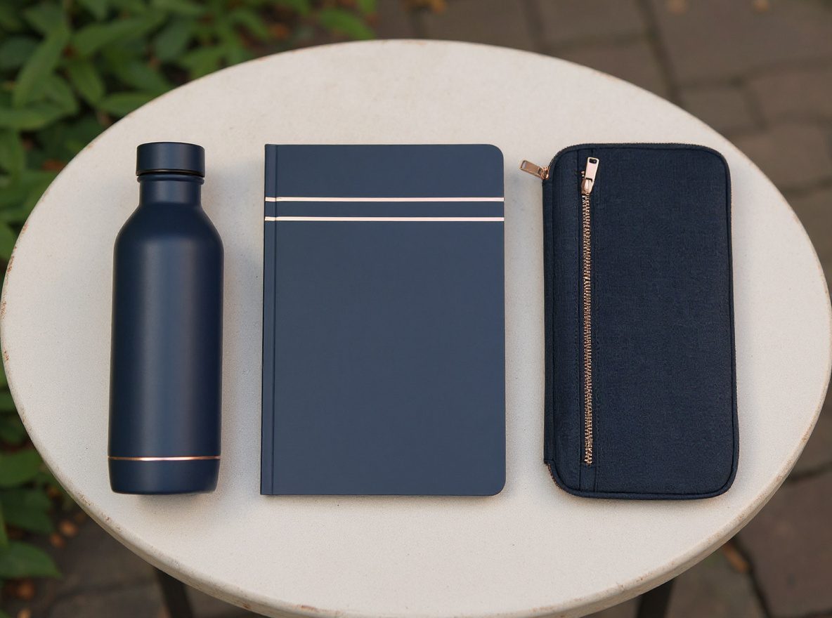 Change only the light gray studio background to an outdoor cafe table with soft morning light and subtle greenery at the frame edge. Preserve the exact bottle, notebook, pouch, object positions, midnight-blue surfaces, copper accent lines, geometry, overhead camera angle, and clear focal point. Add no text, logo, watermark, hand, food, or extra object.
