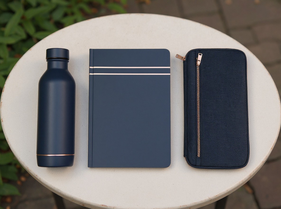 Change only the light gray studio background to an outdoor cafe table with soft morning light and subtle greenery at the frame edge. Preserve the exact bottle, notebook, pouch, object positions, midnight-blue surfaces, copper accent lines, geometry, overhead camera angle, and clear focal point. Add no text, logo, watermark, hand, food, or extra object.