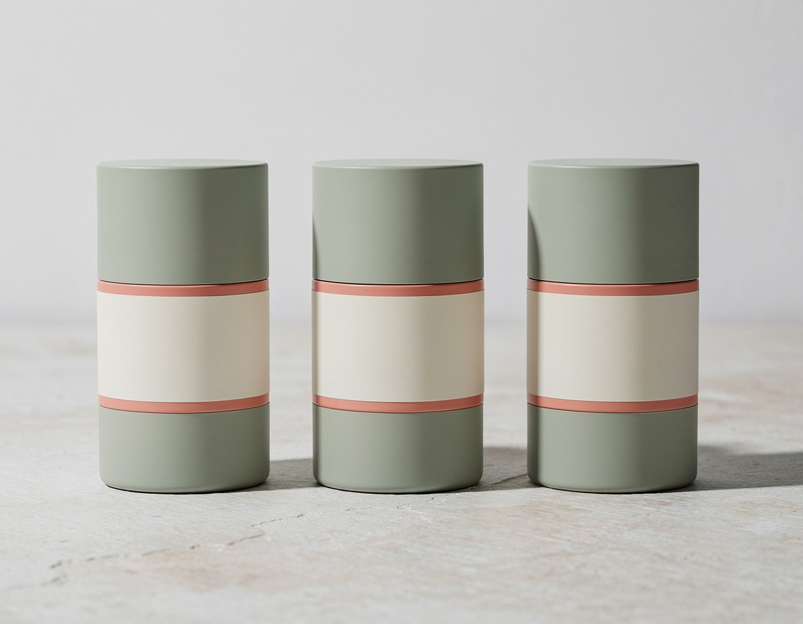 Photorealistic tabletop product photograph of three unbranded skincare containers with matching sage-green and cream surfaces, one coral accent band on each container, consistent cylindrical geometry, balanced softbox lighting, neutral stone surface, blank labels, no text, no logo, no watermark, no hands.