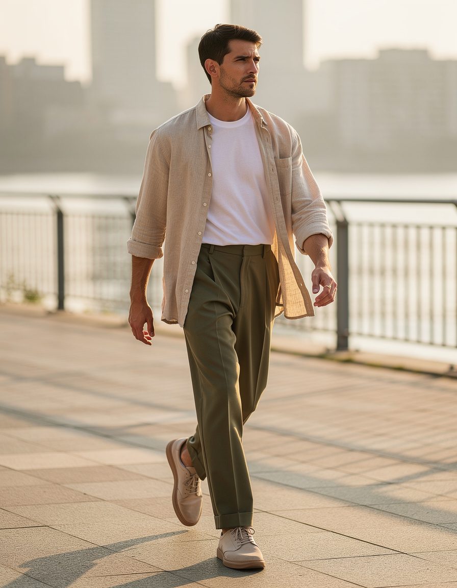 Photorealistic full-body editorial street-style photograph of one adult man on a sunlit riverside promenade, wearing an unbranded sand linen overshirt, white crew-neck shirt, olive pleated trousers, and plain low-top shoes, relaxed walking pose, gentle summer light, simple city skyline kept soft, realistic anatomy, no readable text, no logo, no watermark.