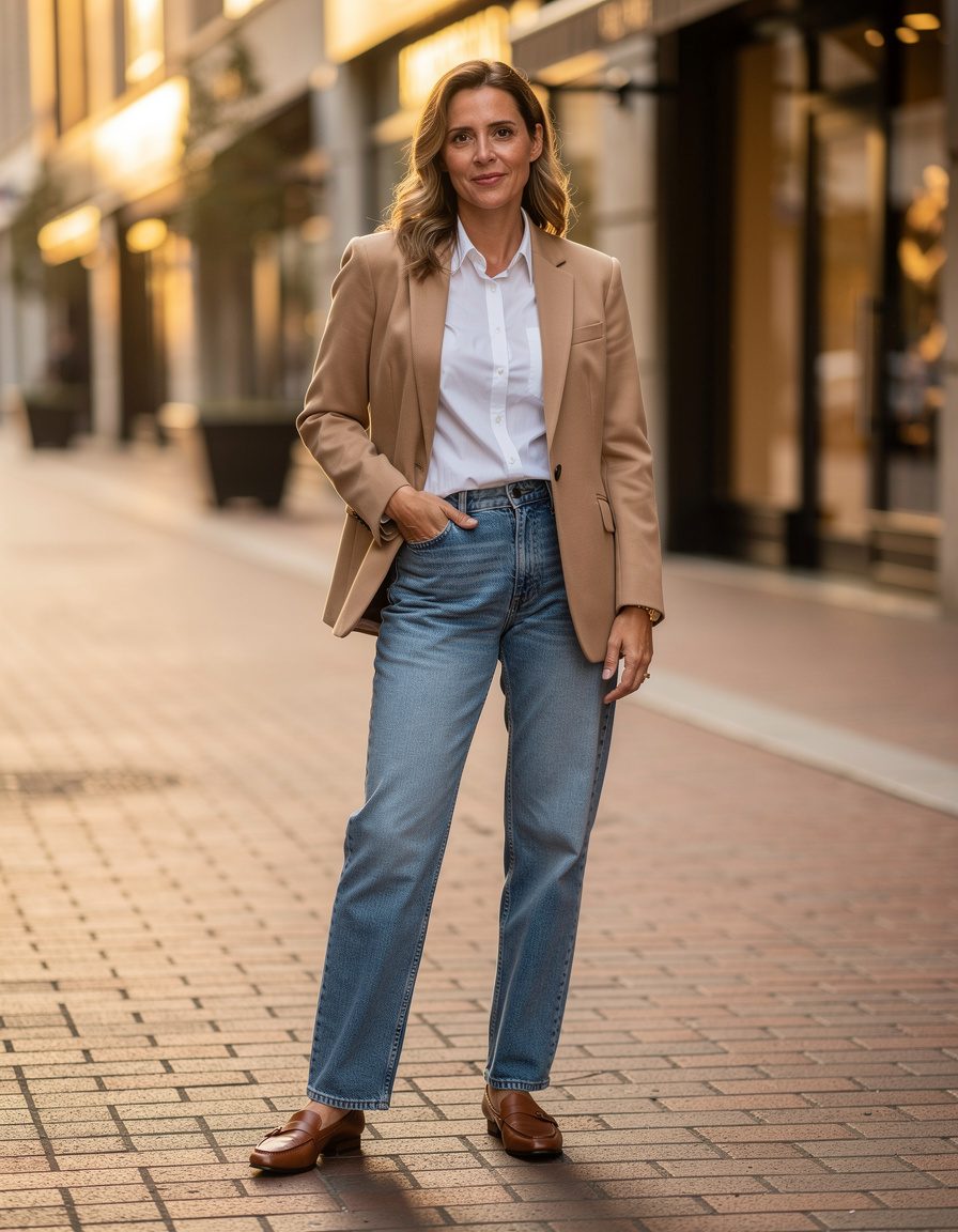 Photorealistic full-body editorial street-style photograph of one adult woman on a quiet brick pedestrian lane, wearing a camel blazer over a white shirt, relaxed straight-leg denim, and plain loafers, candid standing pose with one hand in a pocket, warm late-afternoon light, refined urban background, realistic anatomy, no readable text, no logo, no watermark.